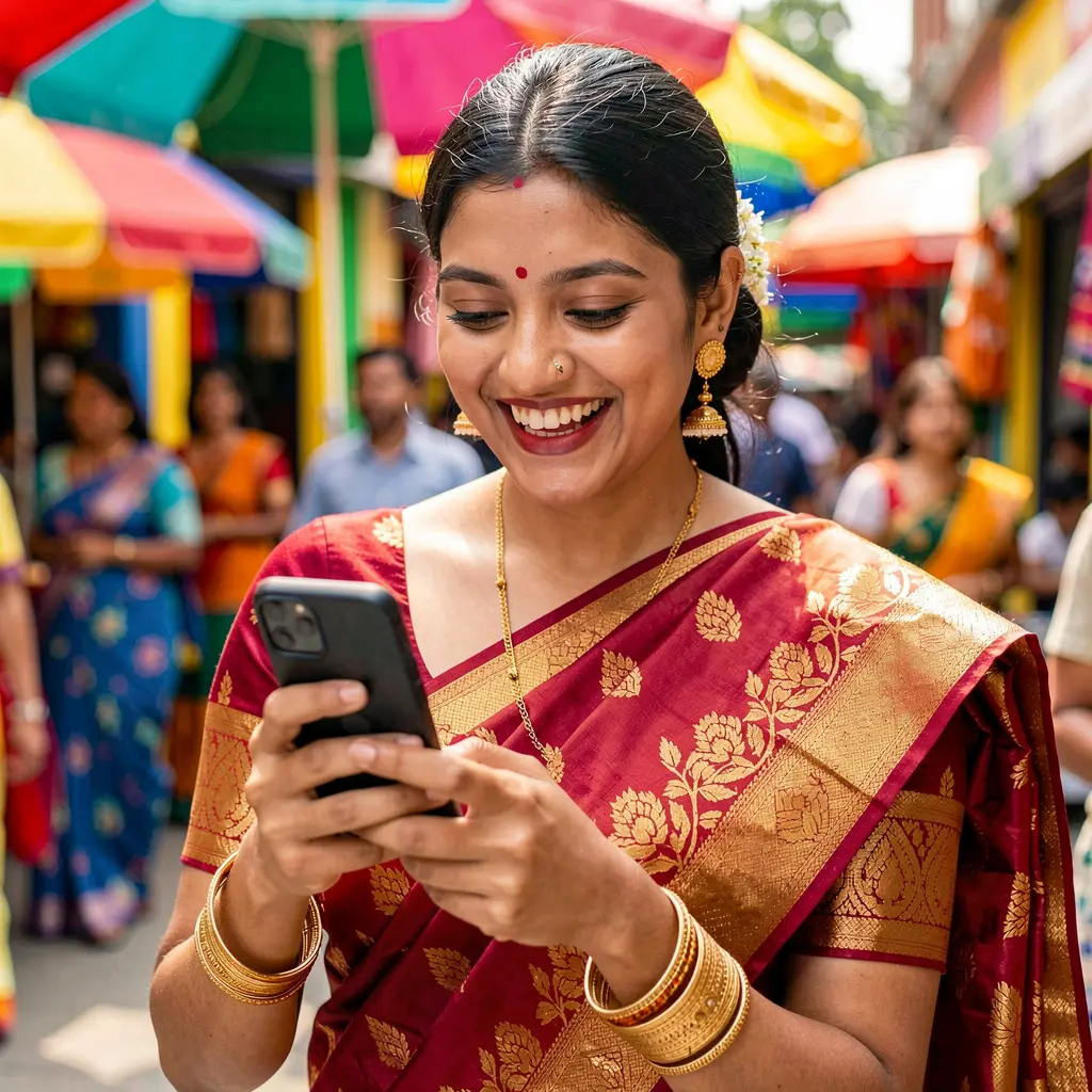 Elegant Bangladeshi woman in a red sari smiling while using the TK388 casino app on her smartphone with colorful lights behind her