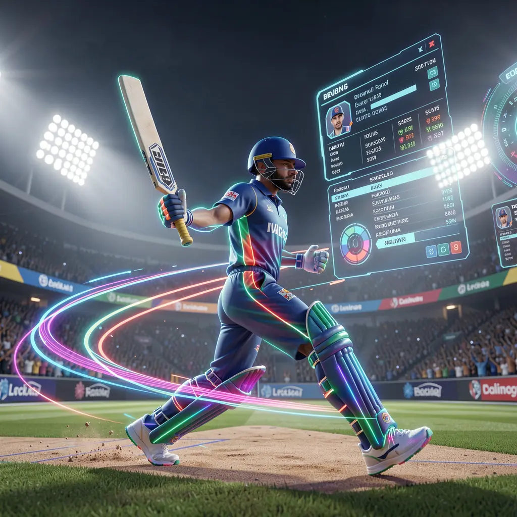 Futuristic cricket player leaving a glowing trail during a match with a holographic betting interface showcasing TK388 live betting in Bangladesh