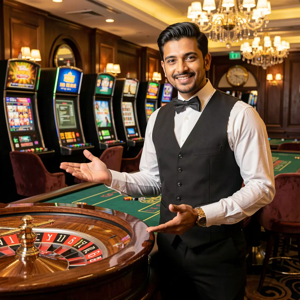 Professional live casino dealer standing by a roulette table in a luxury studio, representing the immersive live casino experience offered by TK388 in Bangladesh