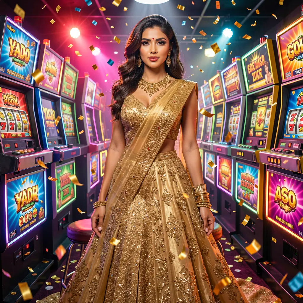 Glamorous woman in a sparkling gold dress standing among colorful slot machines creating a luxury casino atmosphere at TK388 online casino in Bangladesh